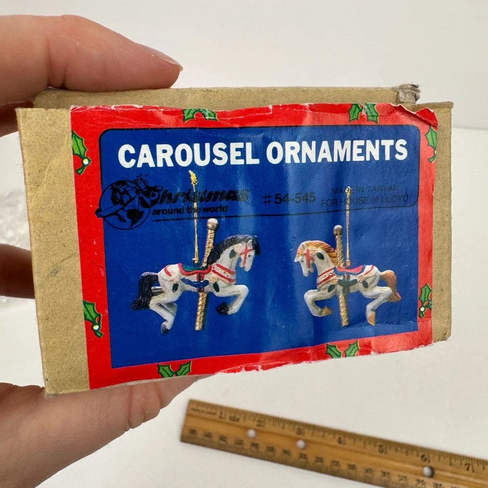 2 Vtg Christmas Around the World Carousel Horse Ornaments Ceramic w Orig Box